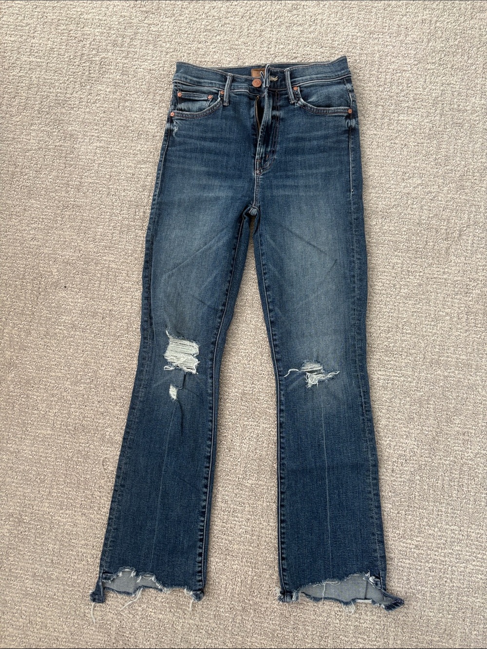 MOTHER Dark Blue Distressed Flare Jeans